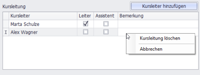 Kursleitung löschen Screenshot