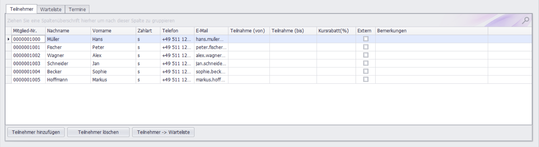 Teilnehmerverwaltung Screenshot