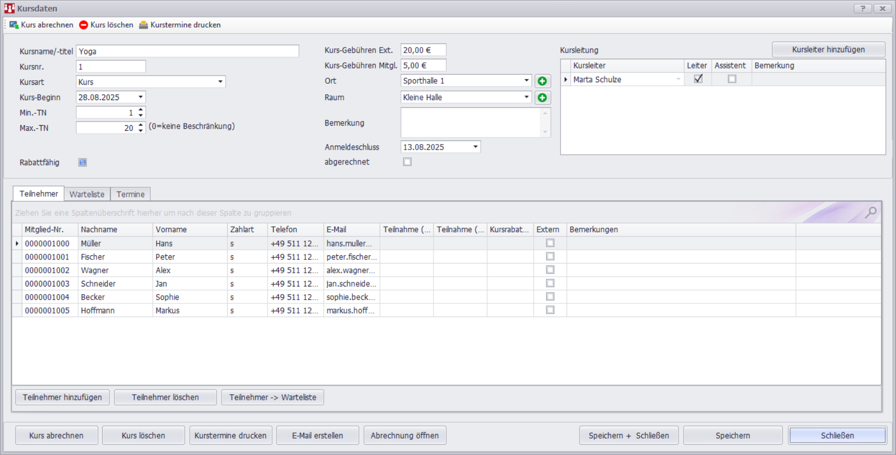Kursdaten-Maske Screenshot