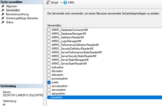 Serverrolle sysadmin zuweisen